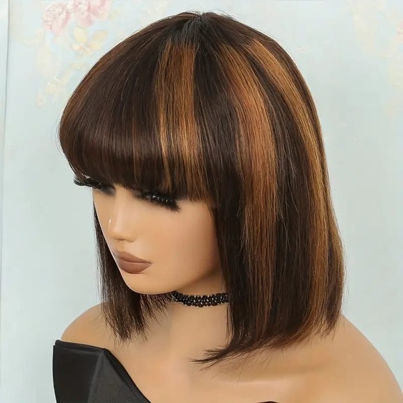 Golden Brown Brazilian Human Hair Short Bob Wig with Bangs in 8 Inches - Picture 3 of 5